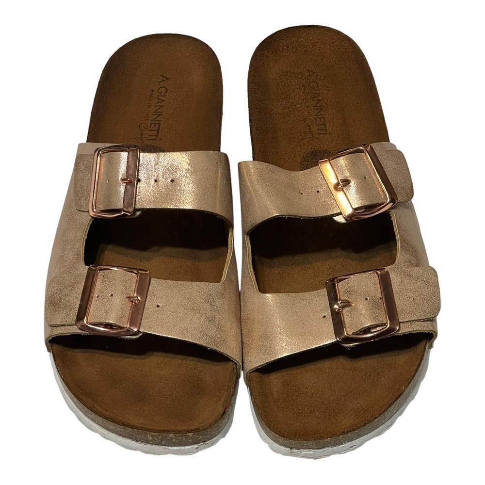 A. Giannetti Rose Gold Pin Buckle Leather Cork Slides Size 10